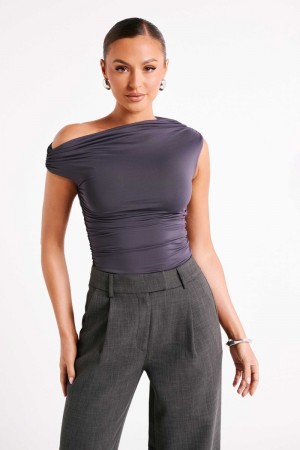 Women's Meshki Alayna Recycled Nylon Ruched Tops Deep Grey USA | S9V-3293