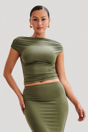 Women's Meshki Alayna Slinky Ruched Tops Olive USA | M8J-7687