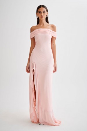 Women's Meshki Audrey Off Shoulder Mesh Maxi Dress Pink USA | U4F-1566