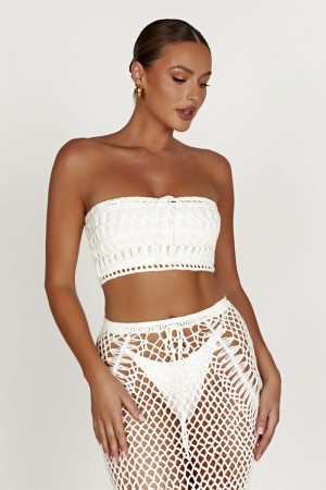 Women's Meshki Bonnie Crochet Bandeau Tops White USA | V5A-5451