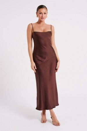 Women's Meshki Brynlee Low Back Satin Maxi Dress Dark Chocolate USA | X0X-6488