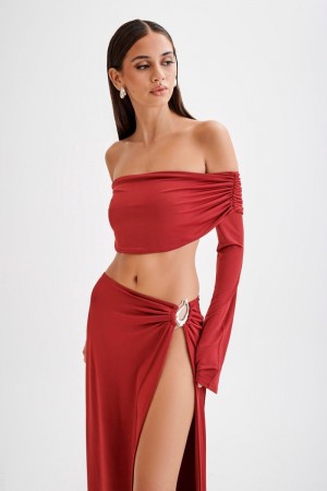 Women's Meshki Camryn Slinky Off Shoulder Crop Tops Red USA | O2E-5633