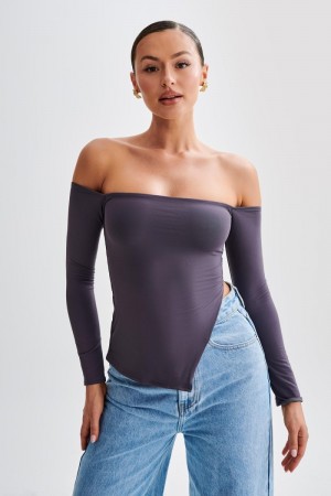 Women's Meshki Carmen Recycled Nylon Off Shoulder Tops Deep Grey USA | Z2I-5636