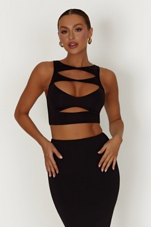 Women's Meshki Chloe Cut Out Crop Tops Black USA | W6T-2374