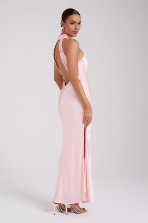 Women's Meshki Claire Satin Drape Back Maxi Dress Rose USA | Q8I-4253