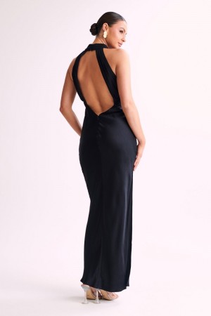 Women's Meshki Claire Satin Drape Back Split Maxi Dress Black USA | I3E-6346