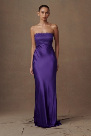 Women's Meshki Darcie Strapless Satin Maxi Dress Deep Purple USA | T7C-8529