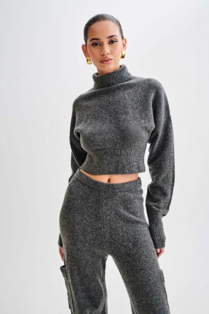 Women's Meshki Darius Turtleneck Knit Crop Tops Deep Grey USA | E6M-2278