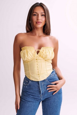 Women's Meshki Embry Ruched Strapless Tops Lemon USA | I0S-0123