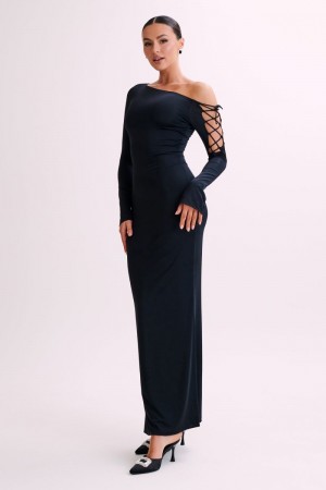 Women's Meshki Gabby Tie Sleeve Slinky Maxi Dress Black USA | W2R-0485