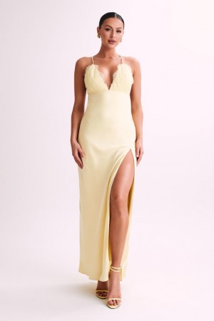 Women's Meshki Gina Satin Slip Lace Maxi Dress Lemon USA | P5L-5881