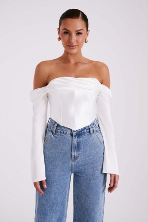 Women's Meshki Giselle Satin Off Shoulder Tops White USA | A3P-1934