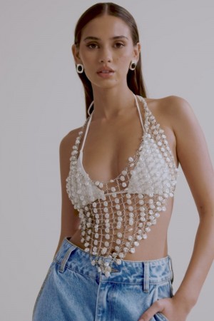 Women's Meshki Gretchen Pearl Halter Tops White USA | R0V-5797