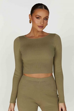 Women's Meshki Haisley Long Sleeve Knit Tops Olive USA | H8P-9145