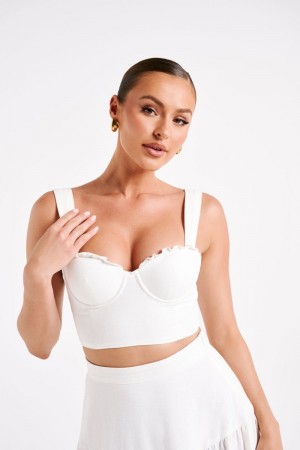 Women's Meshki Hilaria Cupped Linen Crop Tops White USA | T0K-5251