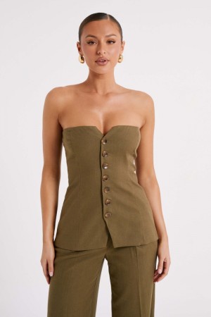 Women's Meshki Innis Linen Longline Strapless Tops Olive USA | R9U-5050