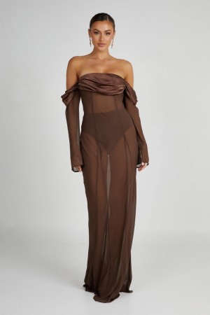 Women's Meshki Ivanna Off Shoulder Chiffon Maxi Dress Brown USA | A6N-0183