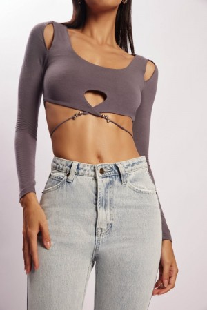 Women's Meshki Jessie Long Sleeve Cut Out Crop Tops Deep Grey USA | T6T-3182