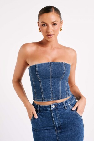 Women's Meshki Jordana Denim Tube Tops Dark Blue USA | C5M-6267