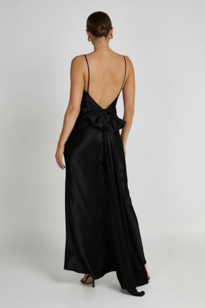 Women's Meshki Kailey Low Back Detachable Bow Train Maxi Dress Black USA | N4W-8833