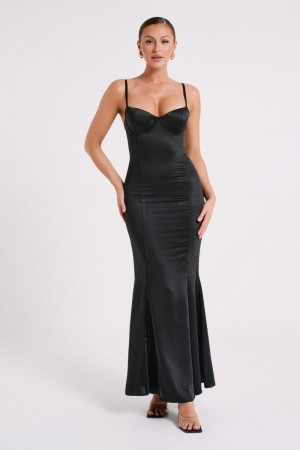 Women's Meshki Katya Cupped Satin Maxi Dress Black USA | G5L-7681