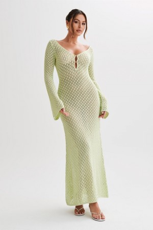 Women's Meshki Kayleigh Crochet Fishtail Flare Sleeve Maxi Dress Green USA | N4J-0529