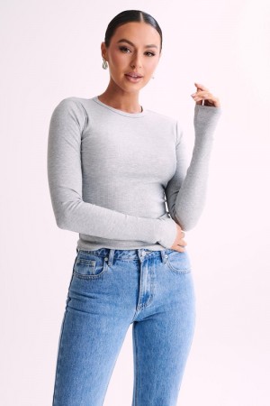 Women's Meshki Keeley Long Sleeve Rib Crop Tops Grey USA | J2F-6737