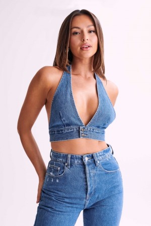 Women's Meshki Kelly-Anne Denim Halter Tops Blue USA | D9R-8853