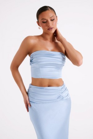 Women's Meshki Khalani Ruched Strapless Satin Tops Blue USA | I6W-3033