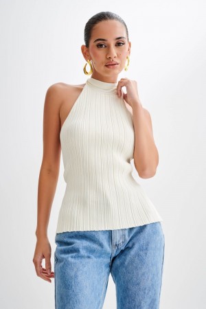 Women's Meshki Laila Longline Halter Rib Knit Tops White USA | G0W-3786