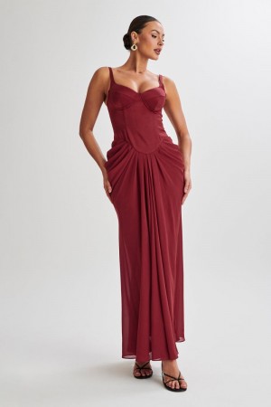 Women's Meshki Leila Satin Corset Maxi Dress Dark Red USA | Z0M-2004