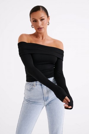 Women's Meshki Lucinda Recycled Nylon Off Shoulder Tops Black USA | C6B-5882