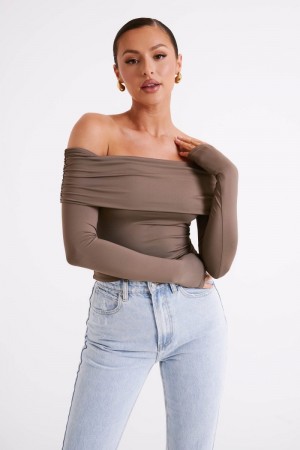 Women's Meshki Lucinda Recycled Nylon Off Shoulder Tops Chocolate USA | C7S-2345