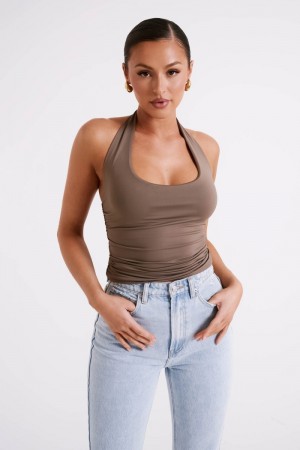 Women's Meshki Marie Recycled Nylon Halter Tops Chocolate USA | S4B-8142