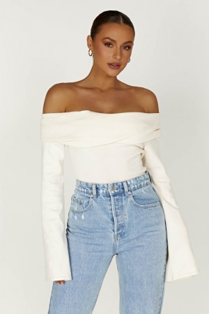 Women's Meshki Marlisa Off Shoulder Twist Tops White USA | A2O-8800