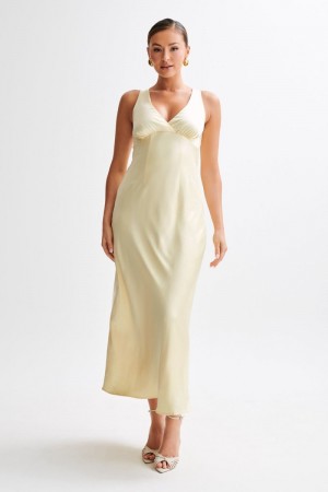 Women's Meshki Meghan Short Sleeve Satin Maxi Dress Lemon USA | A6R-1498