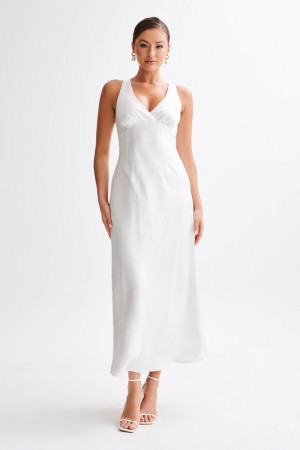 Women's Meshki Meghan Short Sleeve Satin Maxi Dress White USA | Q3Q-5228