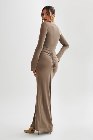 Women's Meshki Millicent Slinky Long Sleeve Maxi Dress Chocolate USA | X1I-1214