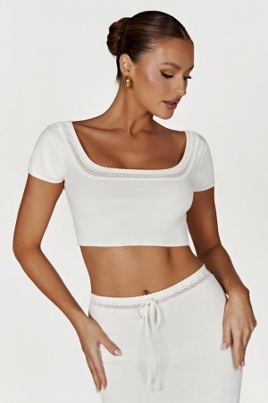 Women's Meshki Penelope Pointelle Knit Crop Tops White USA | W3I-1044