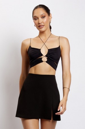 Women's Meshki Phoenix Cut Out Ruched Crop Tops Black USA | Q5R-6115