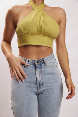 Women's Meshki Piper Halter Neck Linen Crop Tops Green USA | I6H-7907