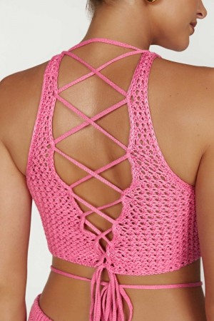 Women's Meshki Raquel Crochet Lace Up Back Tops Pink USA | I0A-3446