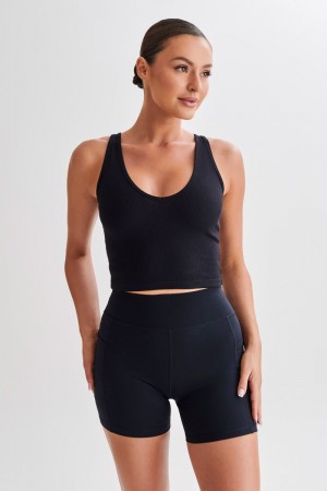 Women's Meshki Rory Ribbed Yoga Tops Black USA | V6D-4032