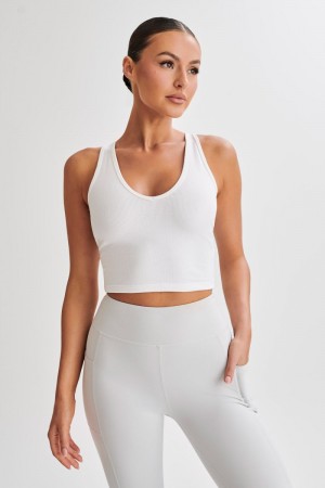 Women's Meshki Rory Ribbed Yoga Tops White USA | E9O-4945