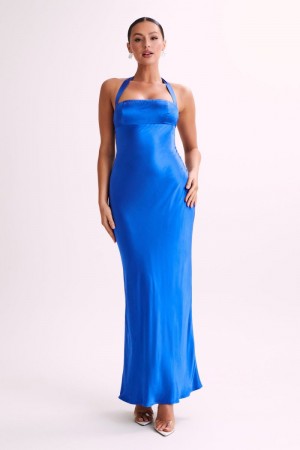 Women's Meshki Sabra Satin Halter Maxi Dress Blue USA | R4I-3367