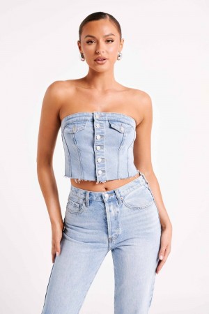 Women's Meshki Sandy Buttoned Denim Tube Tops Blue USA | Y0P-3808