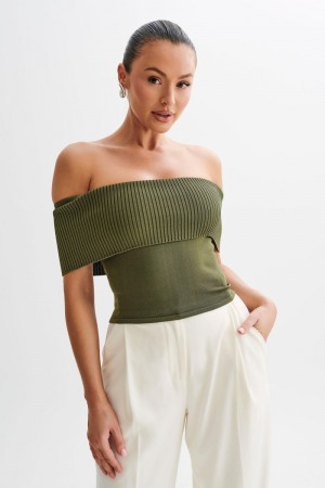 Women's Meshki Susanna Off Shoulder Knit Tops Olive USA | I0F-8213