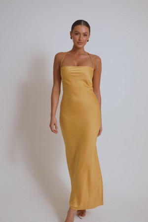 Women's Meshki Sydney Straight Neck Slip Maxi Dress Yellow USA | A3T-6301