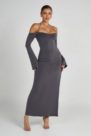 Women's Meshki Tia Slinky Off Shoulder Maxi Dress Deep Grey USA | O7L-7561