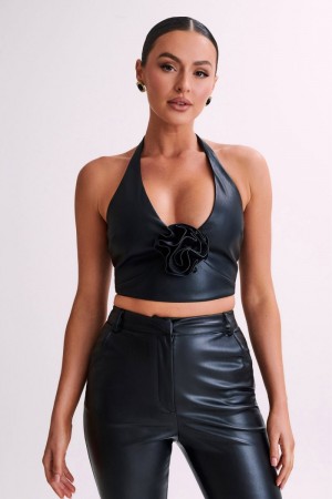 Women's Meshki Ursla Faux Leather Rose Halter Tops Black USA | W8E-8106